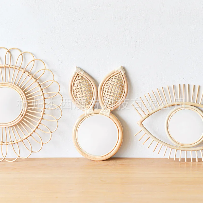

Rattan Rabbit Ear Mirror Children's Room Decoration Mirror Photo Room Model Wall Decoration Porch Wall Hanging Round Moon Cute