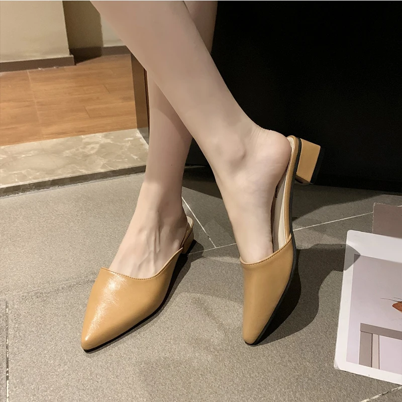 

Korean New Women Thin Heels 5CM Slippers Dots Mules Talons Feminino Ladies Pu Leather Pointed Toe Chaussure Half Slide Shoes