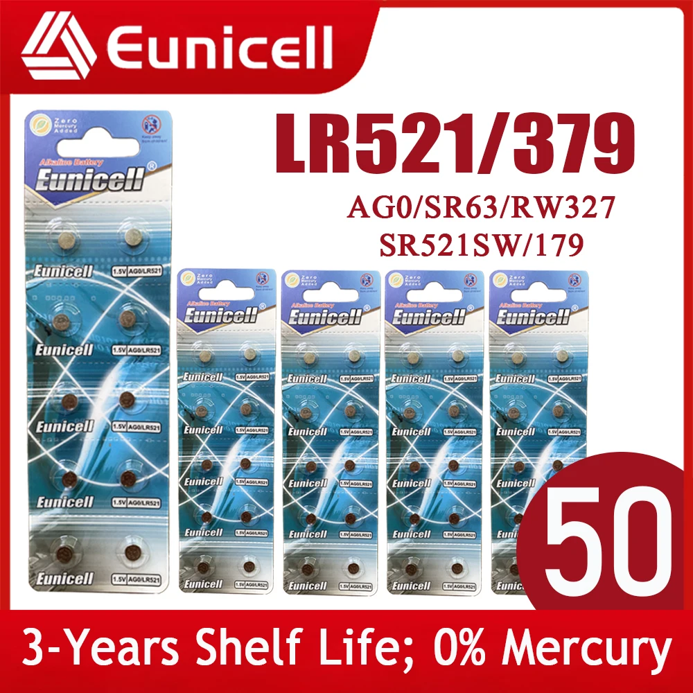 Eunicell 50 шт. 1 5 в AG0 379 LR63 LR521 SR63 SR521SW V379 LR69 кнопочные элементы щелочные Часы игрушки
