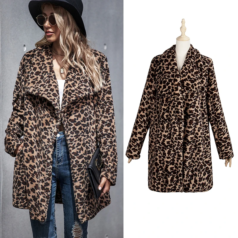 

Женское зимнее пальто с леопардовым принтом, шерстяное пальто средней длины с имитацией меха, стеганое пальто, Осень-зима 2021