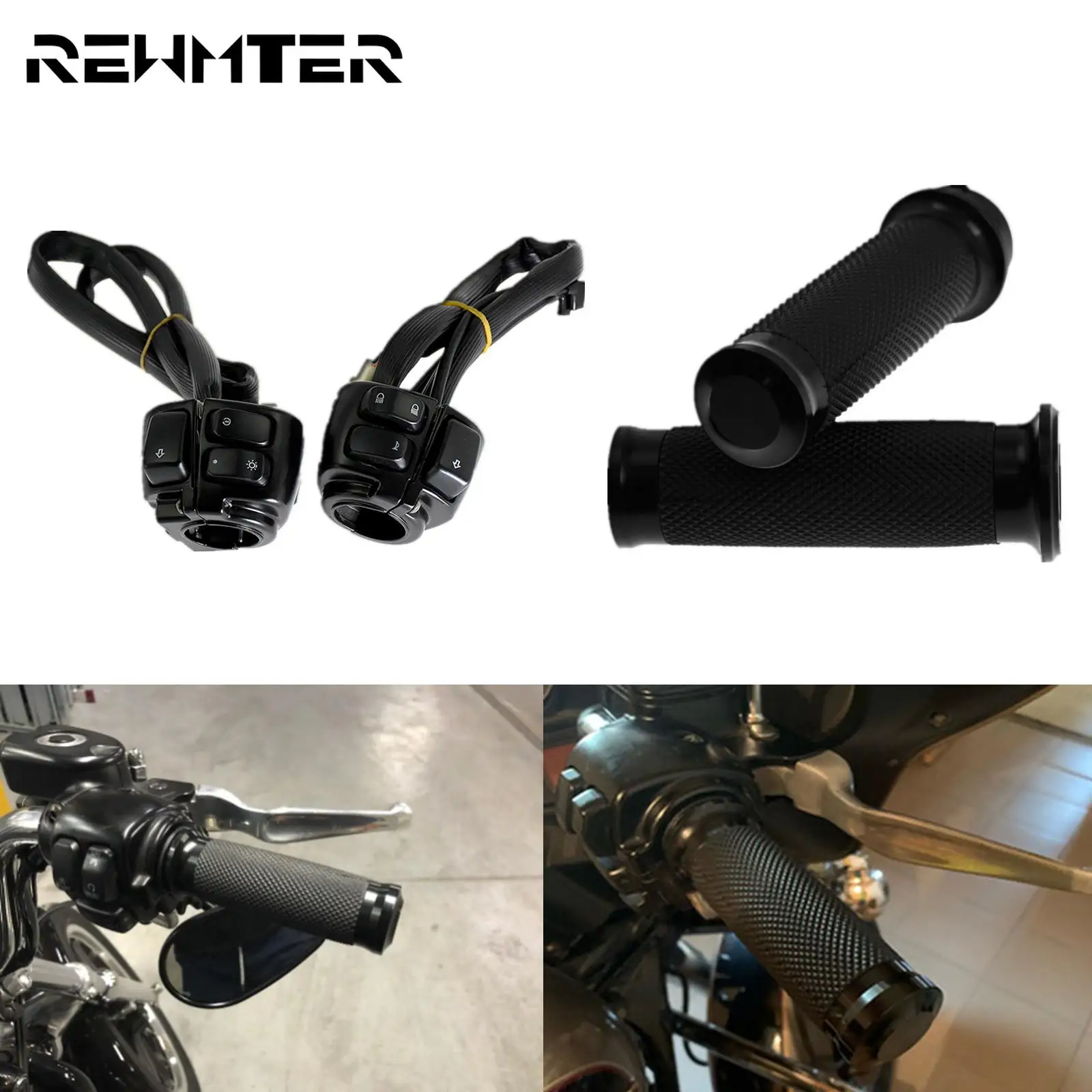 

Motorcycle 1" Handlebar Control Switch With Wiring Harness+25mm Hand Grips Black For Harley Sportster XL Dyna Touring Road King
