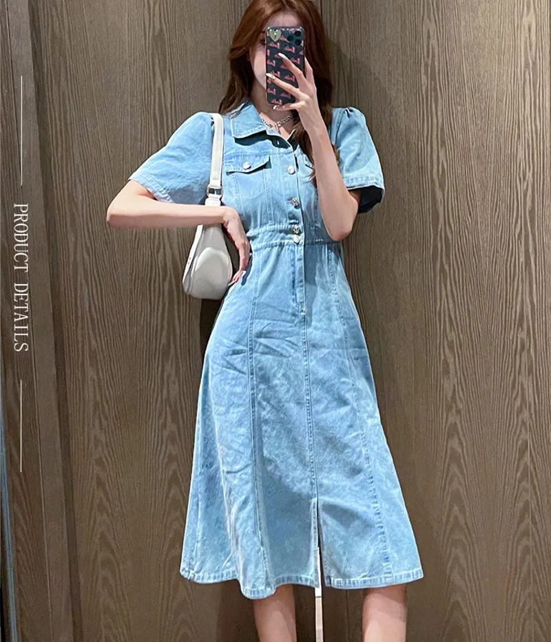 

Женское джинсовое платье с коротким рукавом, повседневное однобортное платье с отложным воротником, разрезом и высокой талией, лето 2021