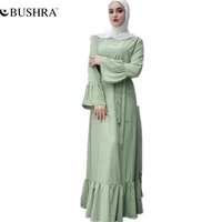 bushra handmade diamond beading full length dubai fashion female long sleeve ruffles silky fabric dress with belt muslim fashion