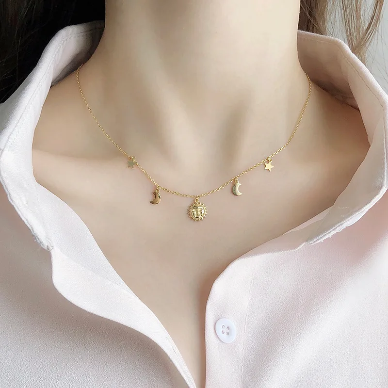 

925 sterling silver sun, moon and stars electroplating k gold clavicle chain necklace stars sun moon beautiful