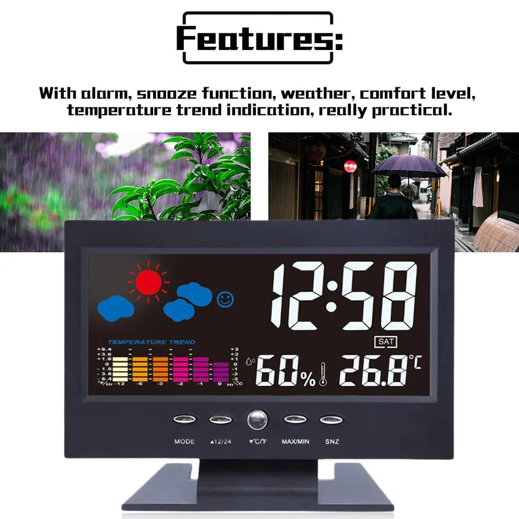 Цифровая метеостанция Термометр Гигрометр с цветным ЖК дисплеем будильником