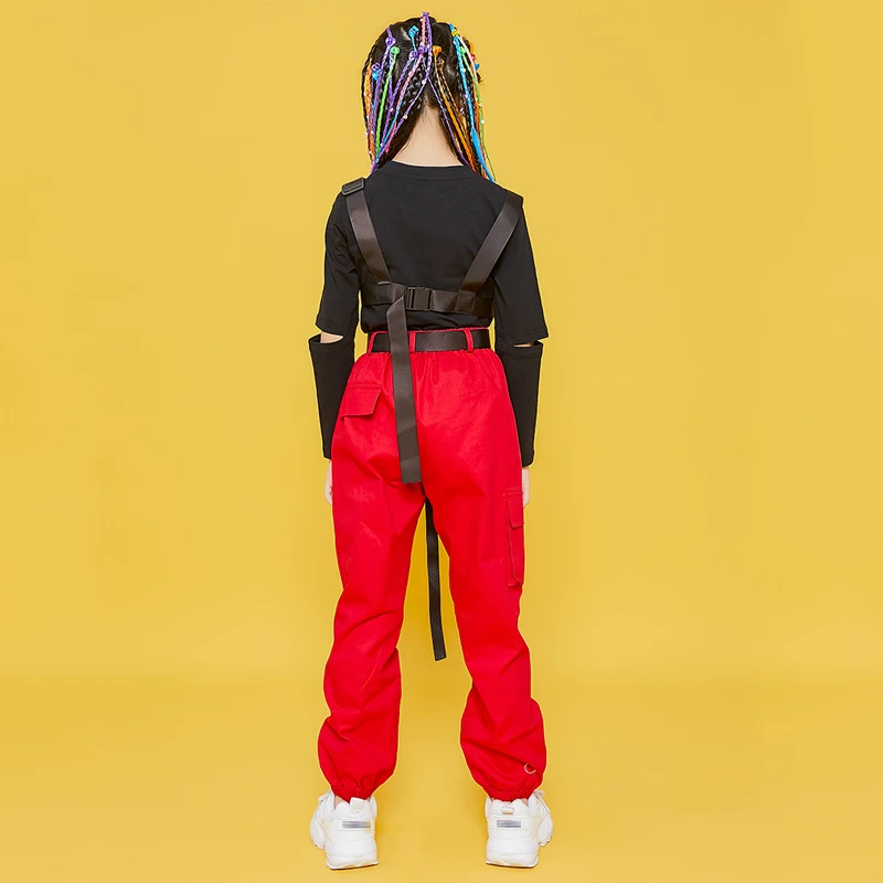 

Children Hip Hop Jazz Dance Costume Girls Street Dance Long Sleeved Set Red Pants Ballroom Performance Costume Stage Wear