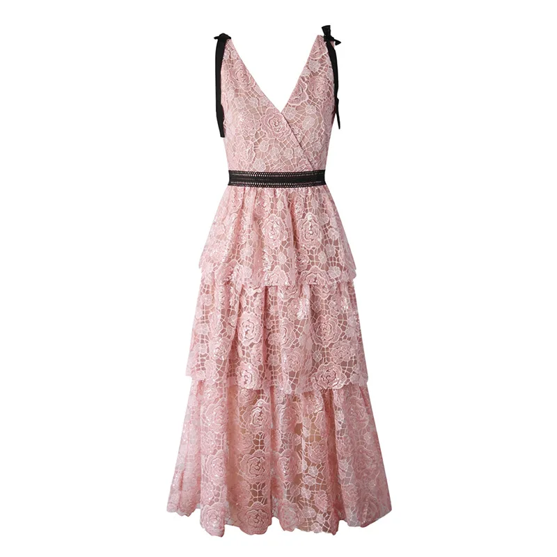 

Pink Sequined Embroidery Lace Dresses for Women 2021 Summer Sexy Elegant V-neck Ruffles Midi Dress Female