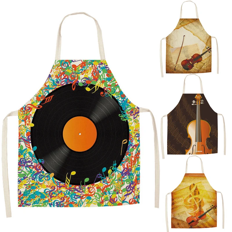 Musical Note Pattern Kitchen Aprons for Woman Man Dinner Party Cooking Cotton Linen Bibs Cleaning Tools | Дом и сад