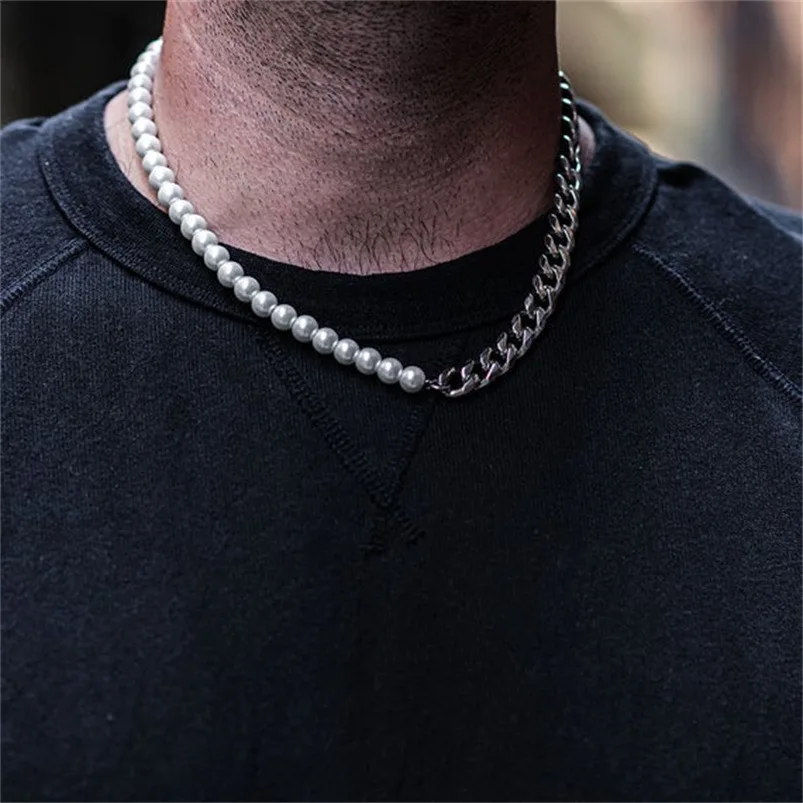

New Ins Asymmetrical Pearl Necklace Stainless Steel Gold-plated Cuban Basic Chain Necklaces For Women Men Fashion Jewelry