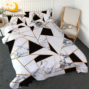 BlessLiving Geometric Comforter Set Black White Quilt Set With Pillow Shams Marble Texture Coverlet Set Bedding Stylish colcha 1