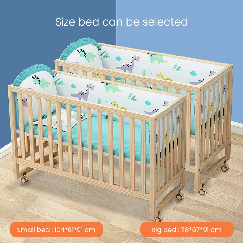 Baby Crib Stitching Big Bed Newborn Small Solid Wood Unpaint Children's Sleep Movable Cradle With Wheels Adjustable Height | Мать и