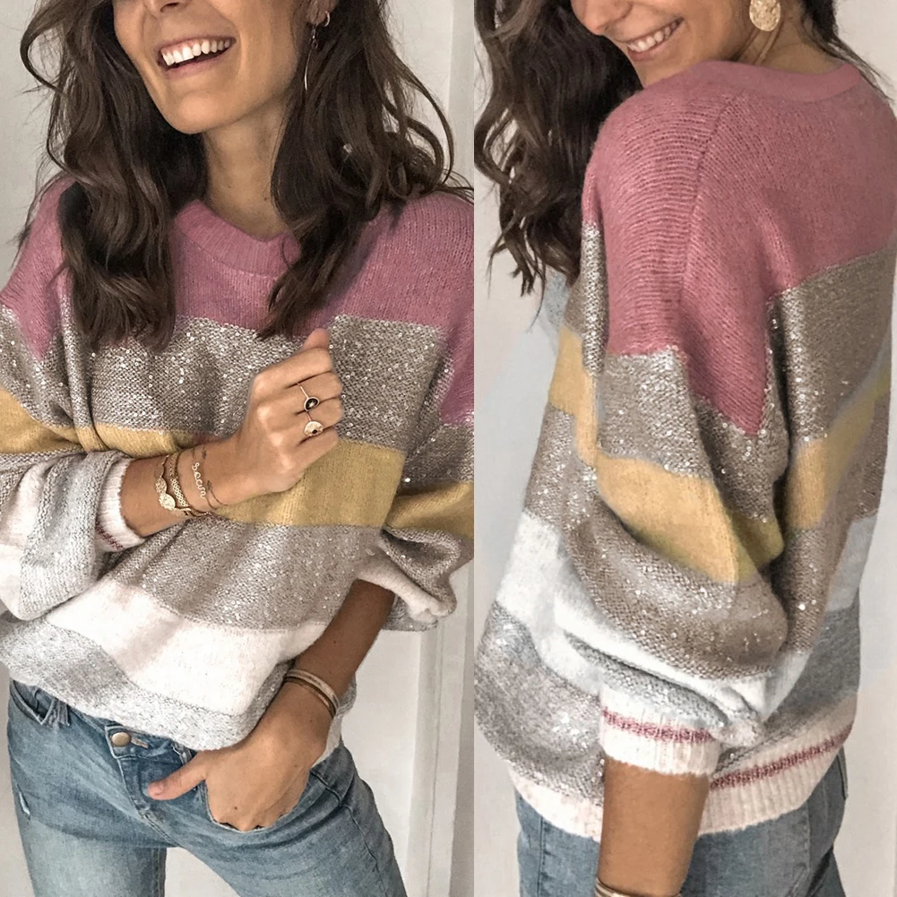 Пуловер женский вязаный разноцветный с круглым вырезом на осень/зиму | Женская