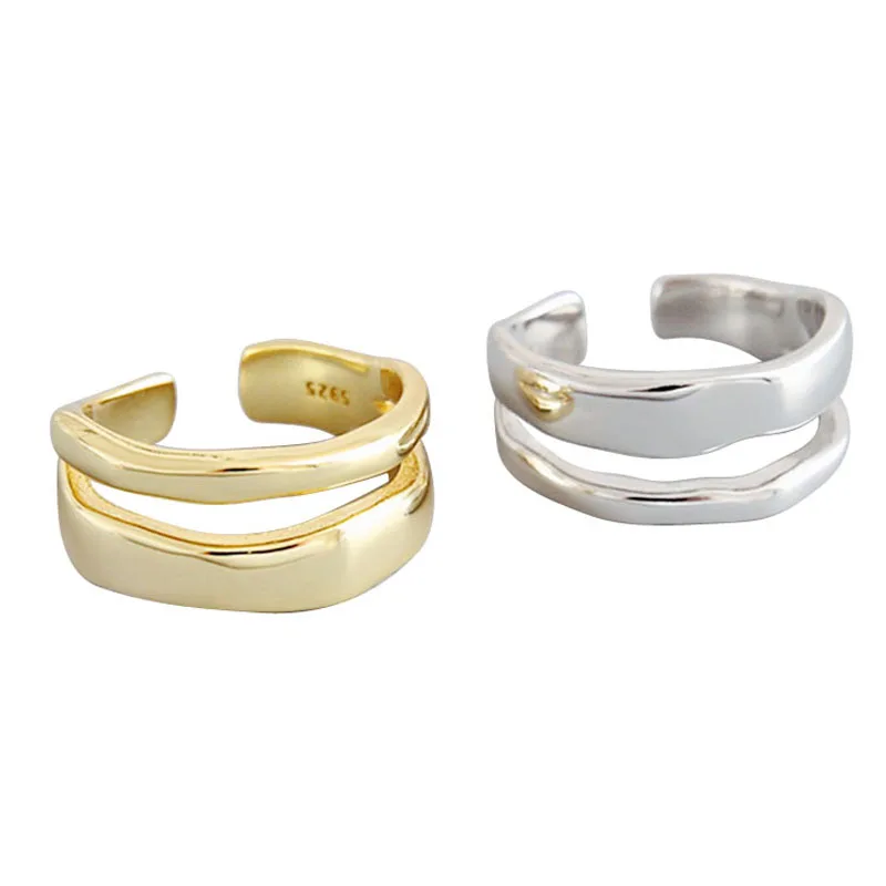 

New Fresh Simple Irregular Double-layer Smooth Wave 925 Sterling Silver Jewelry Personality Geometric Opening Rings