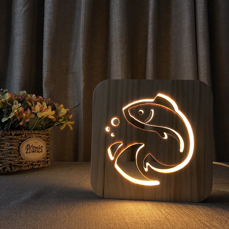 3D Wood Night Light Fish Design Lamp for Bedroom Baby Sleep Night Lamp Kids Gifts USB Powered LED Wood Table Lamp