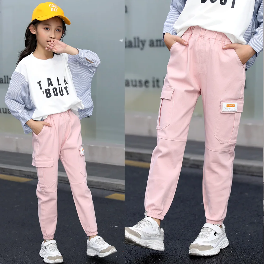 Трендовая одежда штаны для девочек хлопковые брюки-карго спортивные брюки со