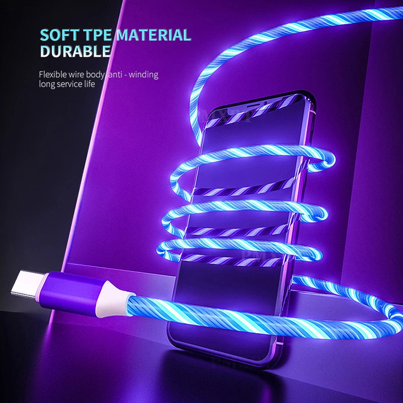 

Flowing LED Glowing Charger USB Data Cable Fast Charging cable For Xiaomi mi9 Samsung S9 Huawei P30 Type C Micro USB Charge Wire