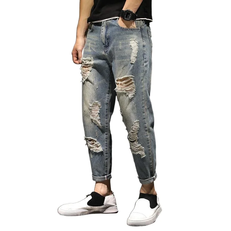Summer hole-breaking jeans loose-fitting Harlan nine-point pants tide brand large-sized light beggar small-footed pants tide