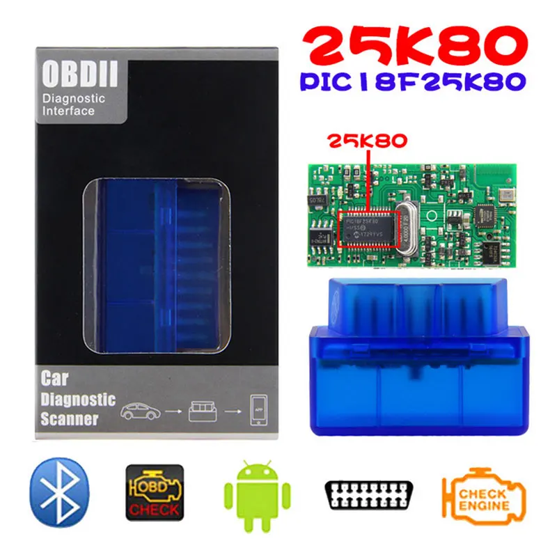 Автомобильный диагностический интерфейс ELM327 супер мини-чип Bluetooth 25k80 HW V1.5 SW V2.1 OBD2