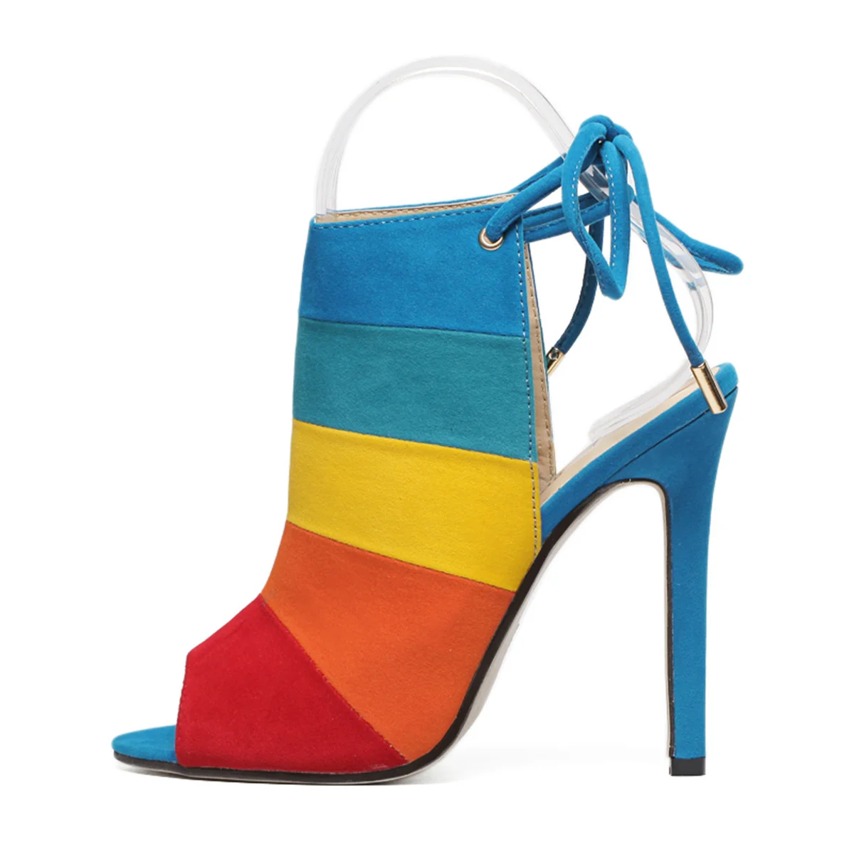 Женские босоножки на высоком каблуке с радужным узором и ремешком щиколотке