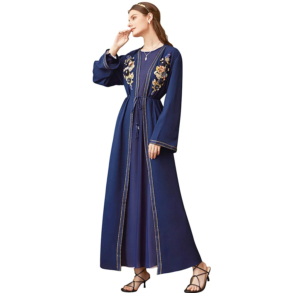 

BA020 2021 Spring Blue Kaftan Arabic Open Abaya Kimono Muslim Dress Female Cardigan Tall Women Fashion Robe Embroidery Flora