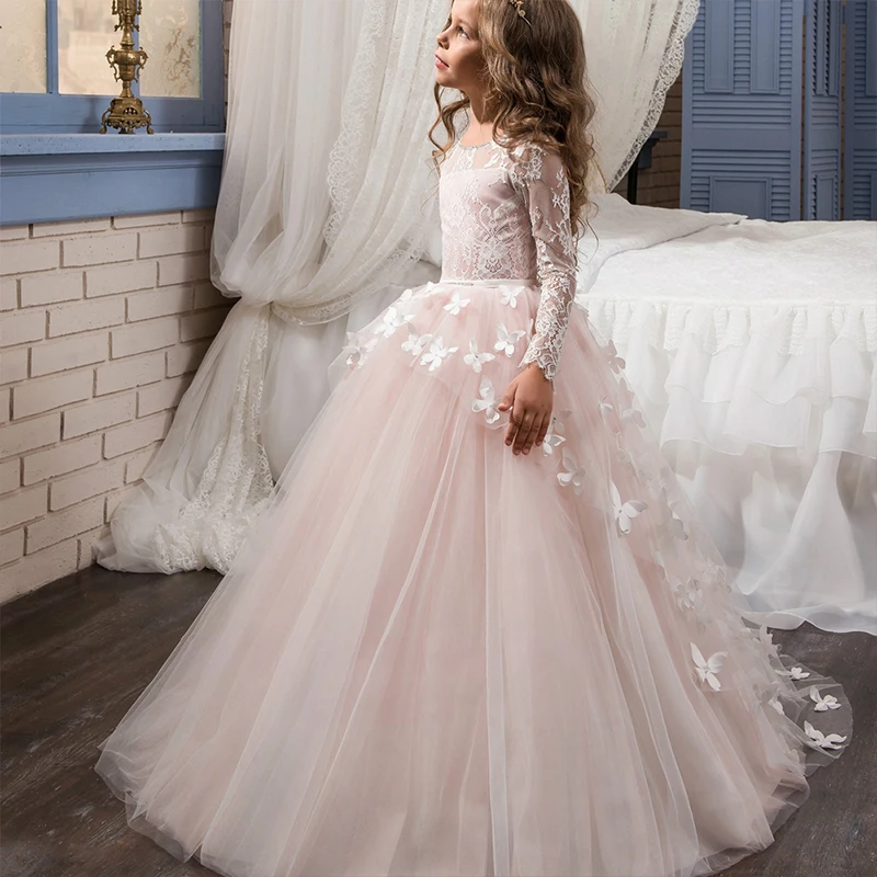 

Fancy Flower Baby Girl Dress Child Long Sleeves Butterfly Pink Mesh Ball Gowns Kids Holy Communion Dresses 1-14 Years