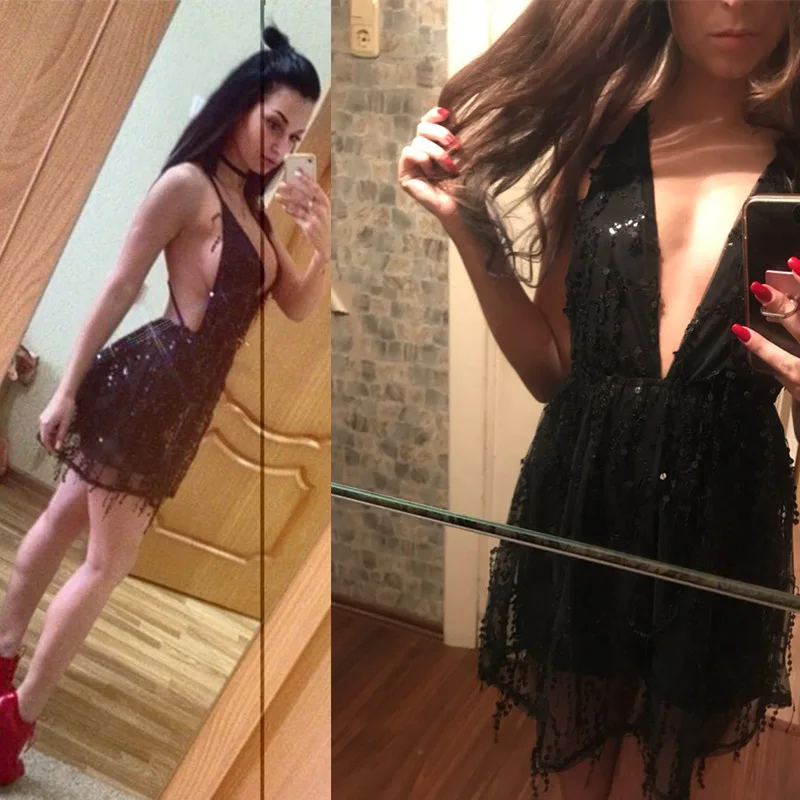 

Sexy sequined dresses women Backless halter Black Gold mini dress party Pop New Arrivals tassel Summer dress club wear