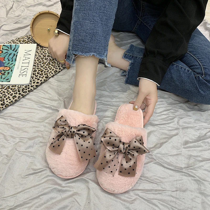 Women Home Slippers Winter Warm Shoes Woman Slip on Flats Slides Female Faux Fur Bow-Knot Closed Toe | Обувь