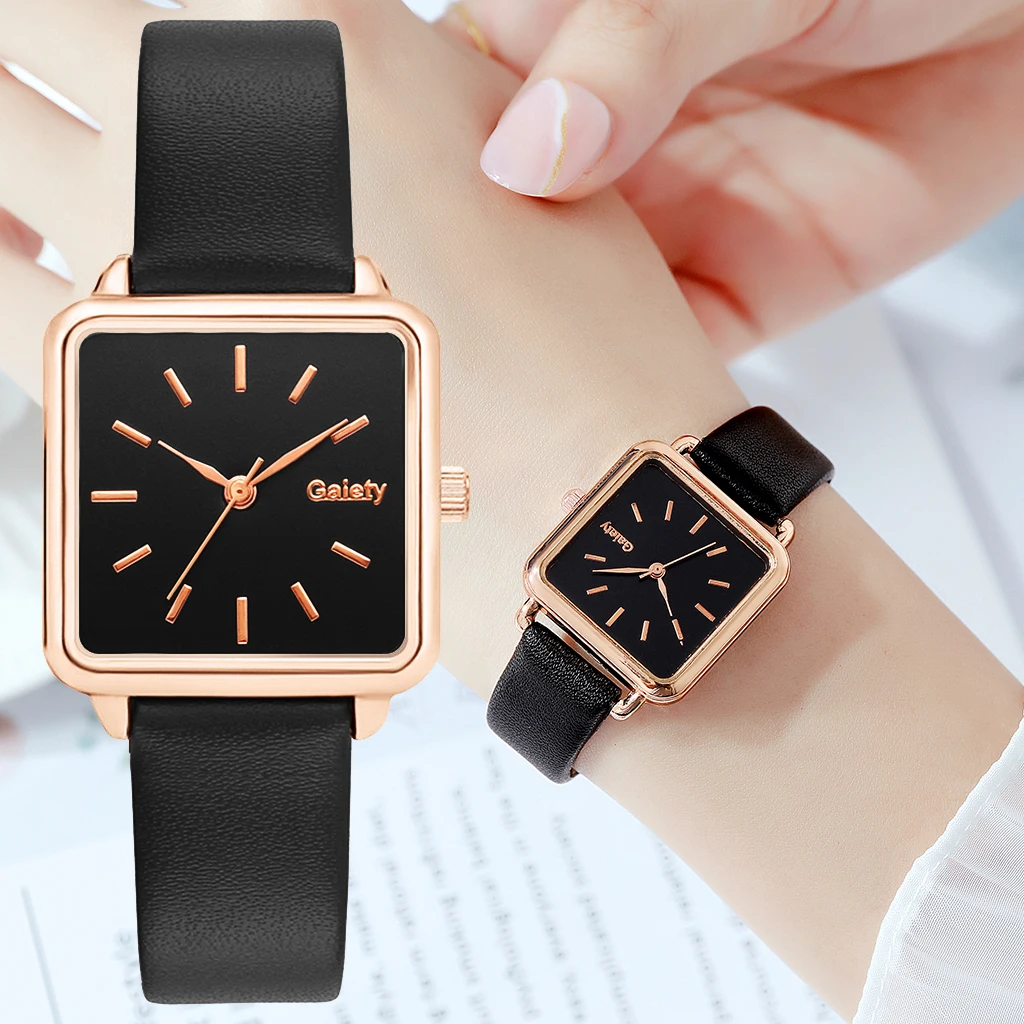 Geety Relógio Feminino Quadrado Pulseira de Couro Relógio de Pulso Feminino Quartzo Preto Relógios femininos