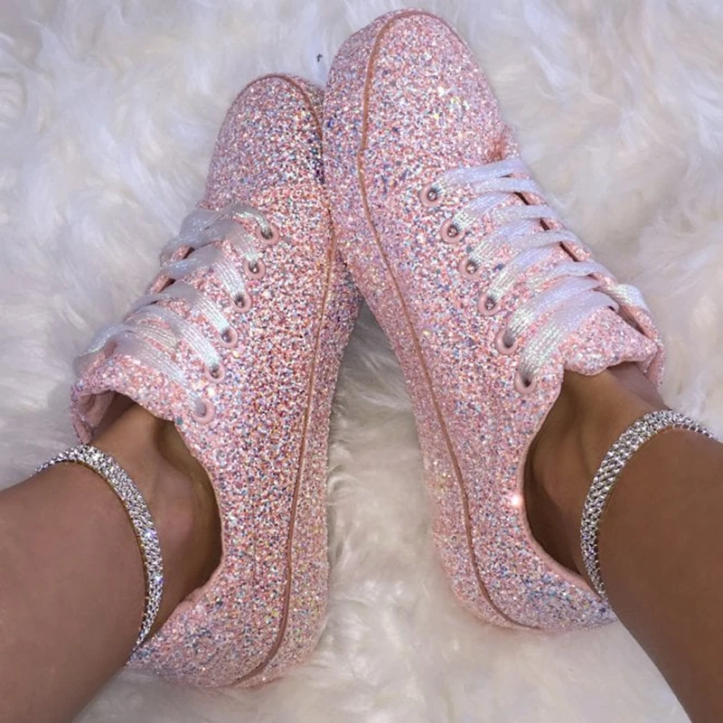 

2021 Women Lace Up Sneakers Glitter Autumn Flat Vulcanized Ladies Bling Casual Female Fashion Platform Fashion Flat Shoes