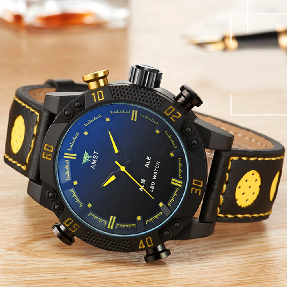 Часы мужские модные спортивные кварцевые аналоговые светодиодные кожаные