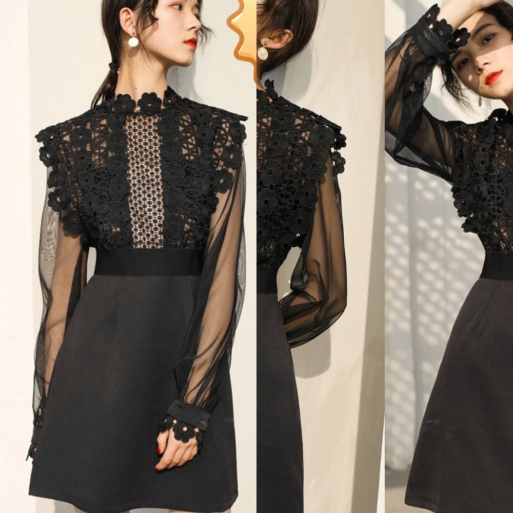 

Lace Elegant Crochet Women Dress Hollow Out Black Mesh Summer Dress Slim Sexy Party Office Lady Dress vestidos