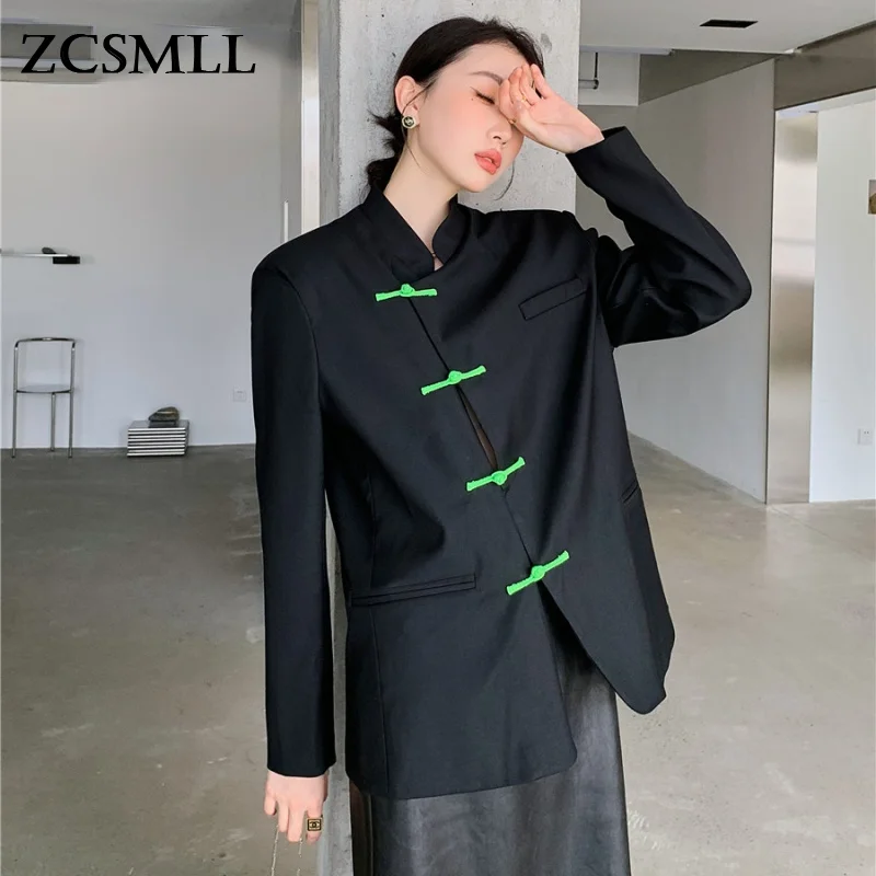 

ZCSMLL костюм Мао, винтажный черный Блейзер, куртки для женщин 2021, Дизайнерские Пальто и куртки с воротником-стойкой в виде лягушки, осенняя оде...