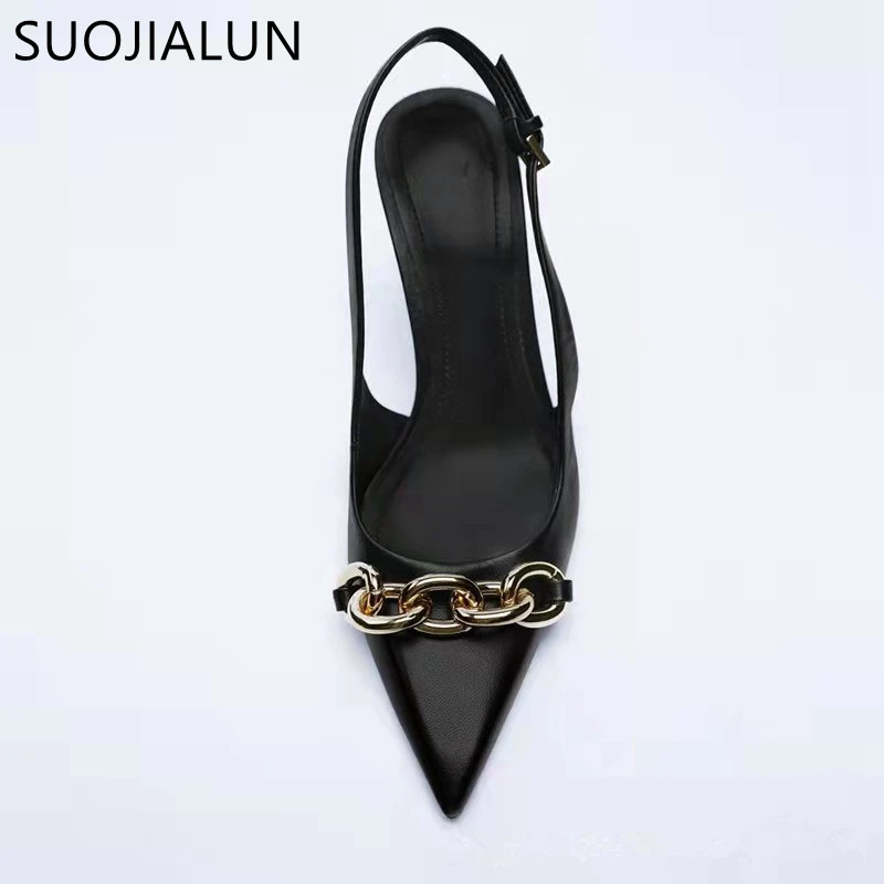 SUOJIALUN 2022 New Spring Fashion Crystal Buckle Sandals Women Thick High Heels Pointed Toe Slingback Shoes Elegant Slip On Mule