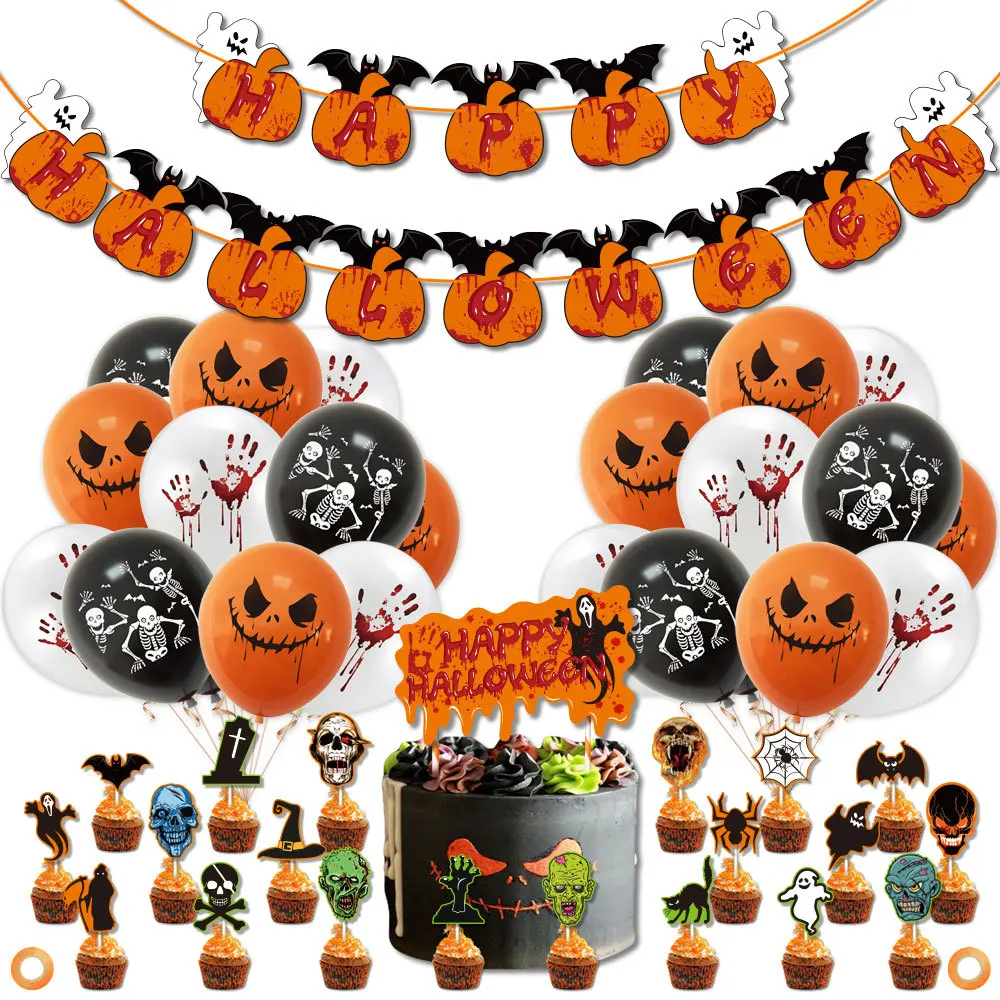 

Halloween balloon theme party decorated ghost skeleton pumpkin flag cake with card balloon set