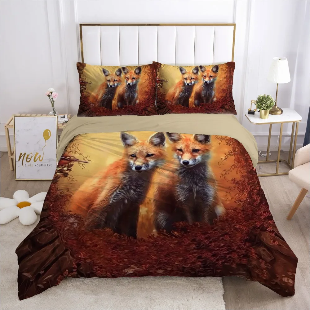 

3D Couple Foxes Bedding Set Pillow Sham Camel Duvet/Quilt Cover Sets Bed Linen King Queen Full Single Size Fox Home Texitle