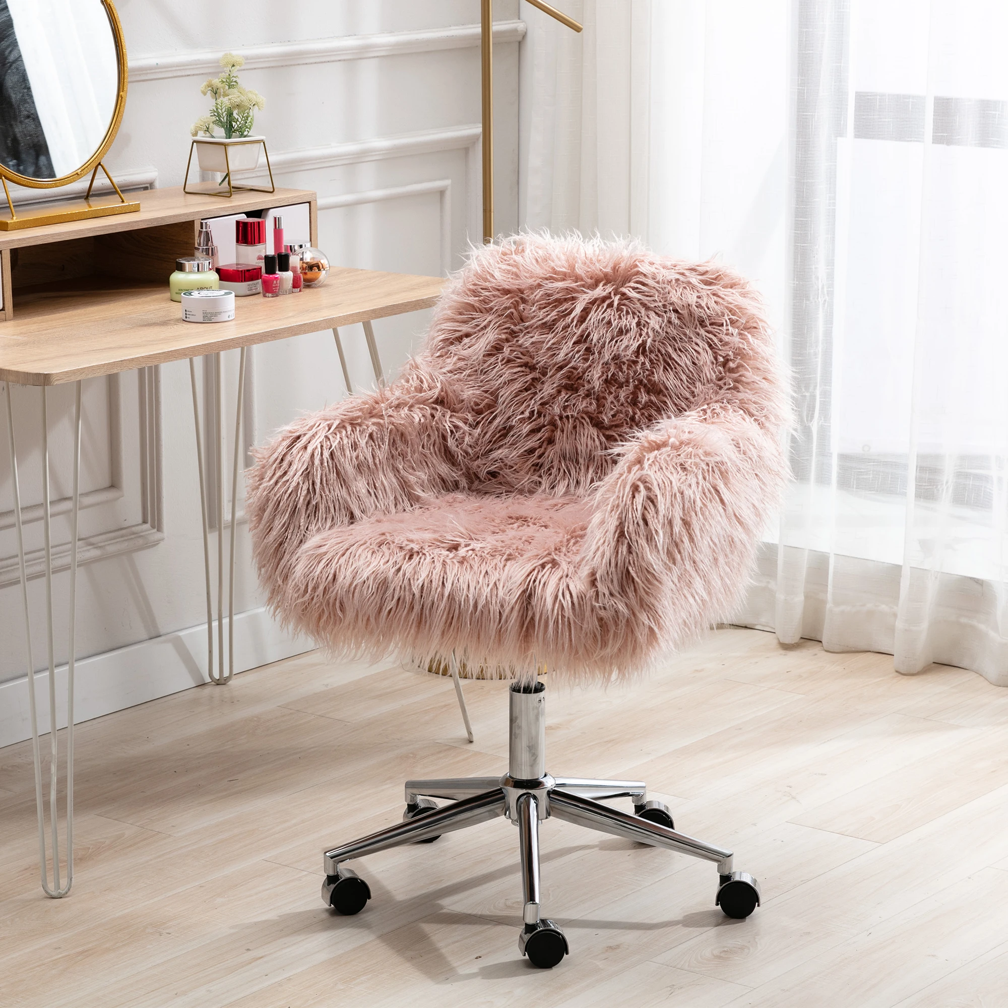 Faux-fur Chrome Base Adjustable Tasks Swivel Executive Chair Soft Pink[us-depot]