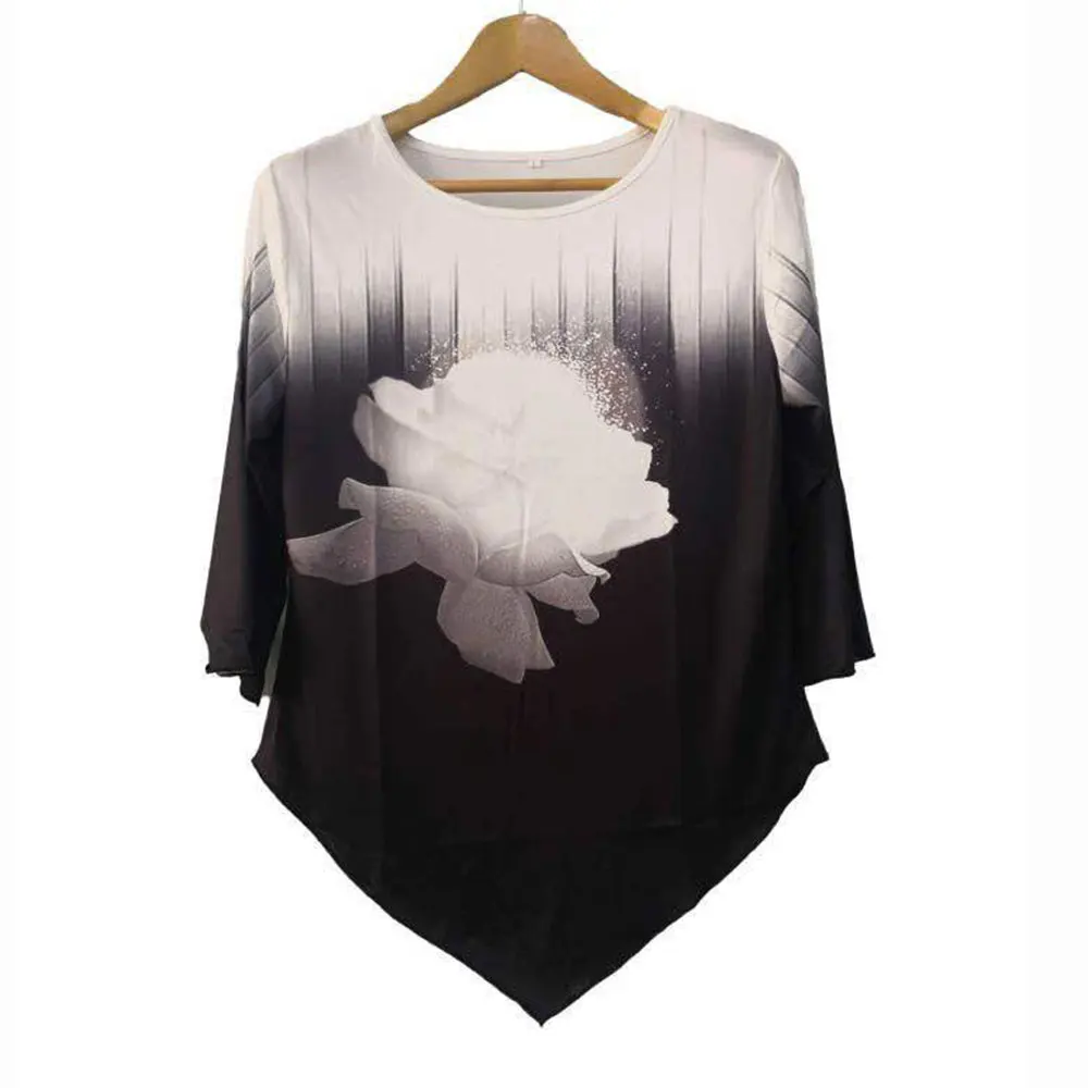

Women Long Sleeve Vintage Blouse Casual O Neck Irregular Hem Splicing Printing Top Female Retro Pullover Elegant Harajuku Basic