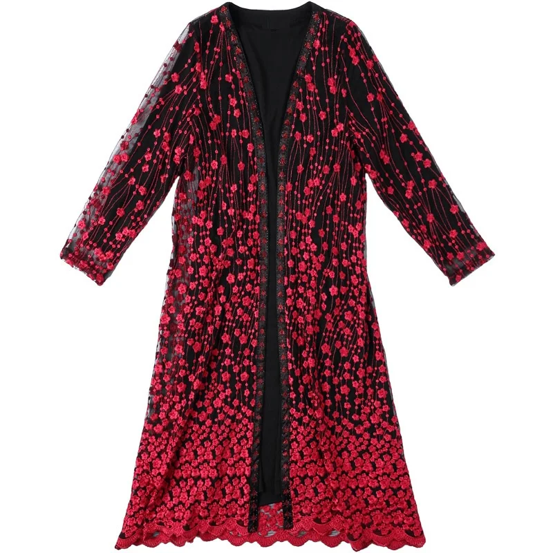 

Autumn Fashion Spring Long Coat Cardigan Women Allover Tulle Mesh Embroidery Beading Coat Overcoats Female Vintage Coat 4xl