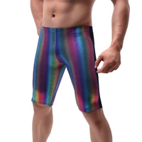 men long johns male sexy elastic fitness shorts pants men underwear striped shinning homme male gauze nightclub stage costume