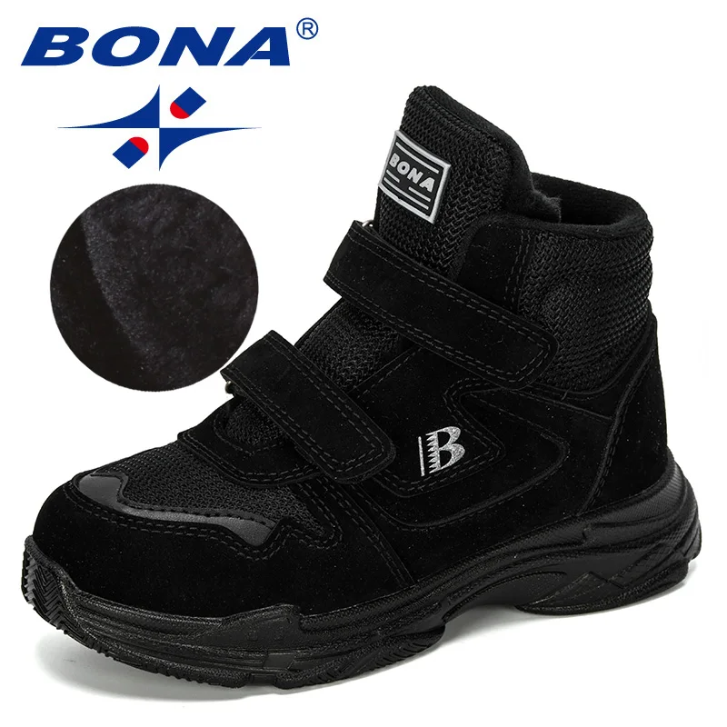 Black silver gray BONA/Новинка года; дизайнерская зимняя обувь; Детские кожаные модные кроссовки для мальчиков; ботильоны; плюшевые теплые детские ботинки; Уличная обувь - Цвет: Black silver gray