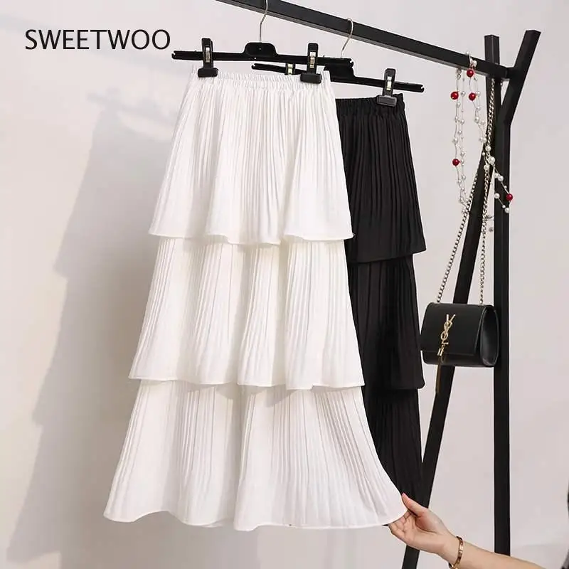 

2021 Layered Women Skirt Black White Korean Style Long Skirt Summer Pleated Skirt Chiffon layer cake sun skirt female