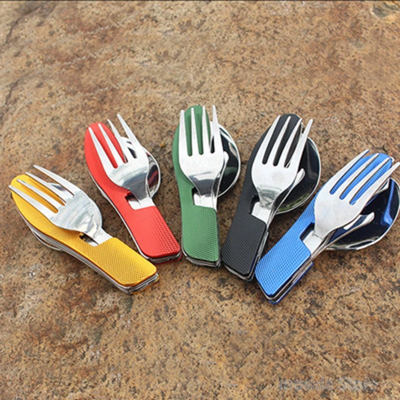 

120pcs 4-in-1 outdoor tableware camping stainless steel foldable pocket kit for hiking, survival and travel