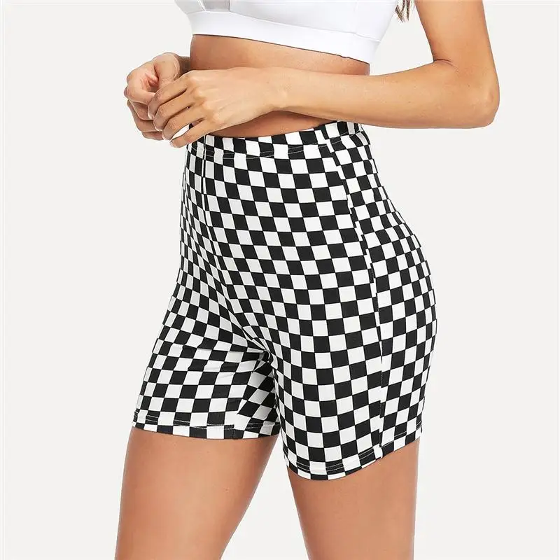 

Nessaj Plus Size High Waist Punk Sexy Shorts Black White Checkerboard Push Up Skinny Shorts Women Beach Slim Summer Short Pants