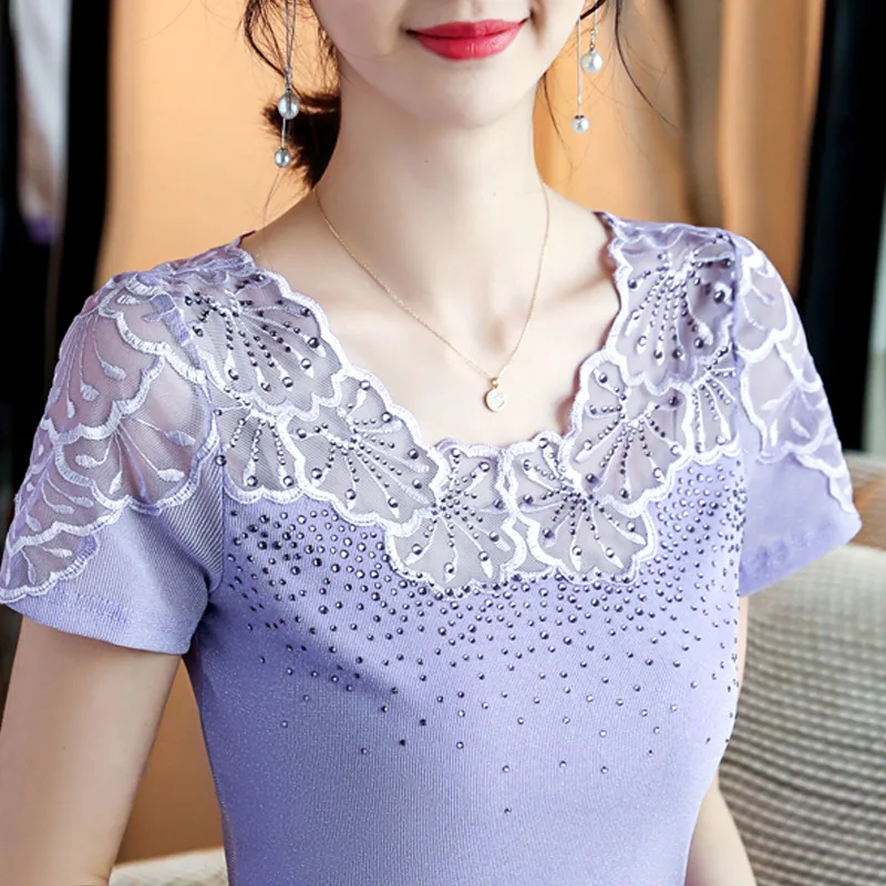 

New 2021 Summer Short Sleeve Women's tshirt Fashion Sexy Hollow Out Mesh Tops Elegant Slim Plus Size Female Shirt Blusas