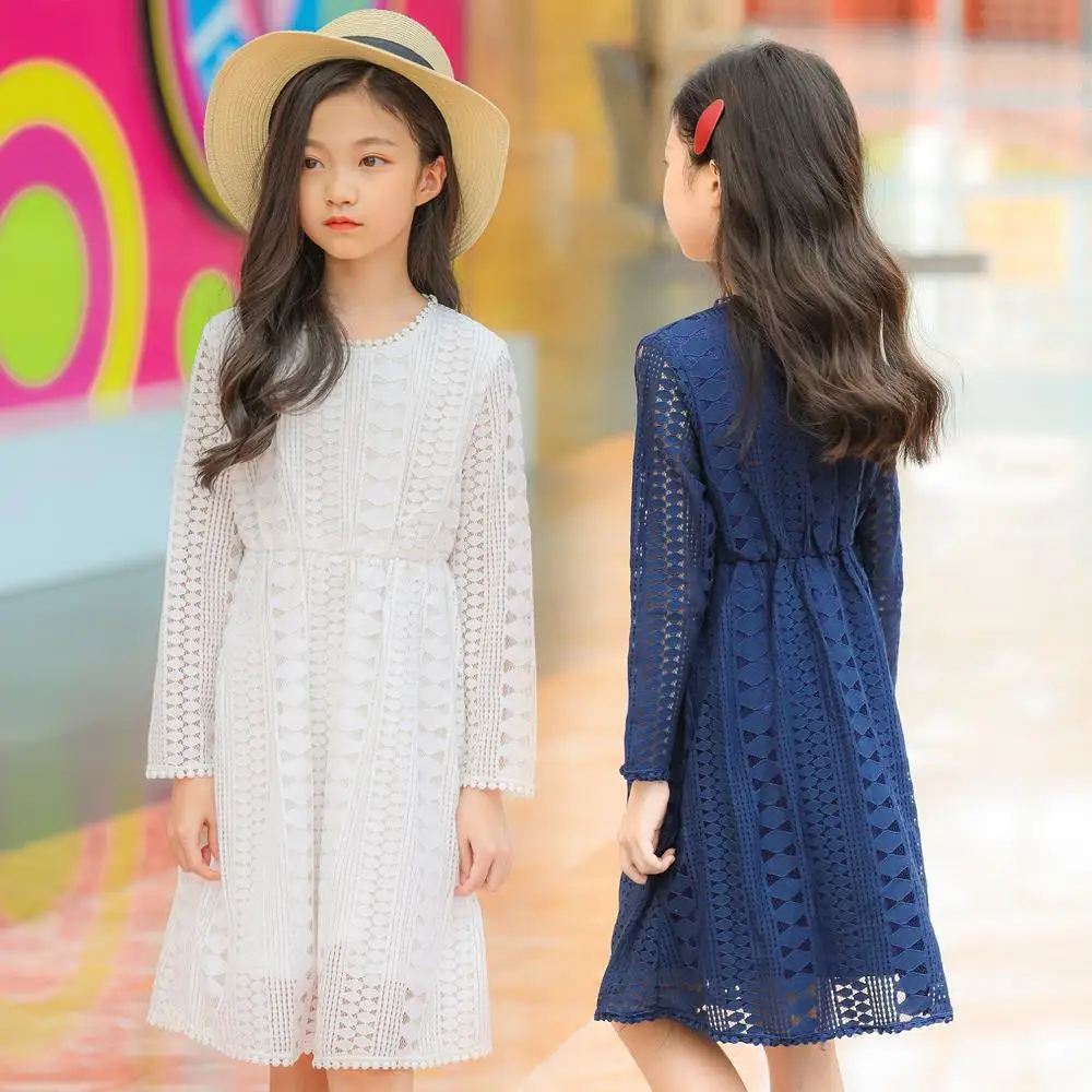 Кружевное платье для маленьких девочек с длинным рукавом размеры 3 4 5 6 7 8 10 12 14 лет