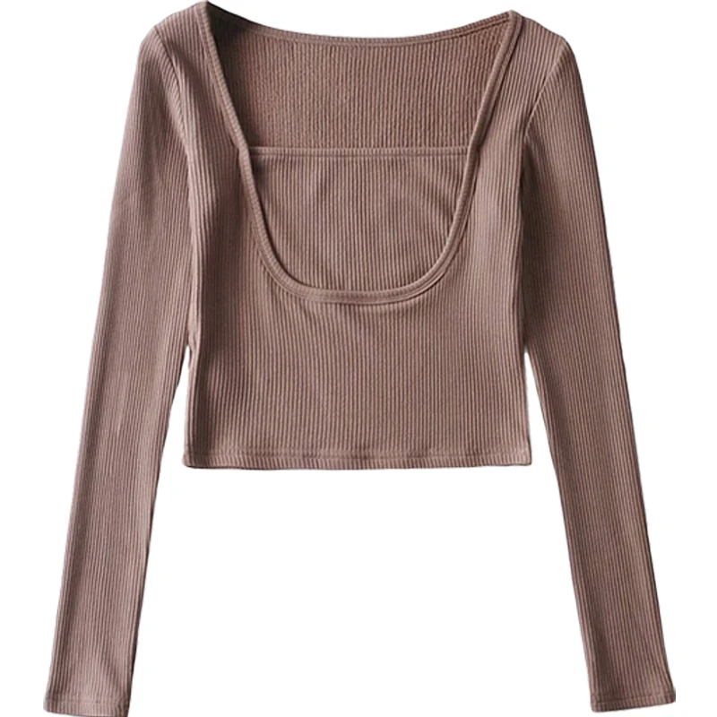 

Ins Small Sweet Elastic Base Small Top Retro Fake Two-Piece Square Collar Temperament Base T-shirt Long Sleeve High Waist