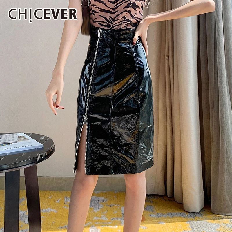 CHICEVER черные женские юбки из искусственной кожи с завышенной талией сексуальная