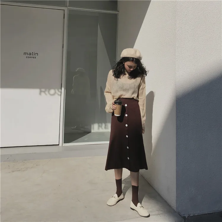 

Fdfklak Chic single-breasted wool skirt tide 2020 spring autumn Korean women's high waist mid-length a-line skirt faldas mujer