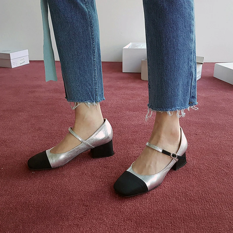 

Square toe thick heel lace-up flat shoes shallow mouth stitching ladies loafers white/silver size 33-42