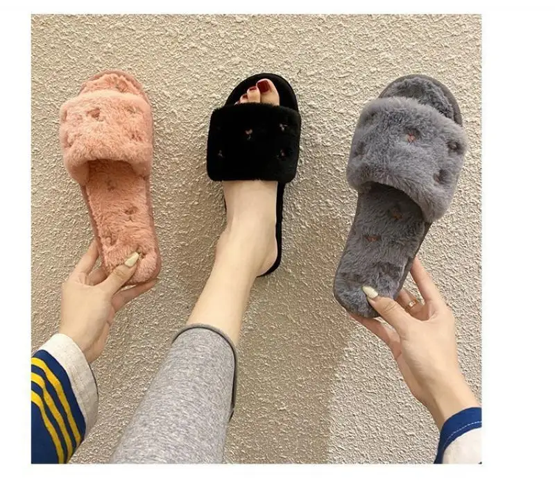 

2021 Fluffy Home Slippers Women Faux Fur Slippers Cozy Furry Slides Open Toe Slip On Soft Slippers House Floor Plush Warm Shoes